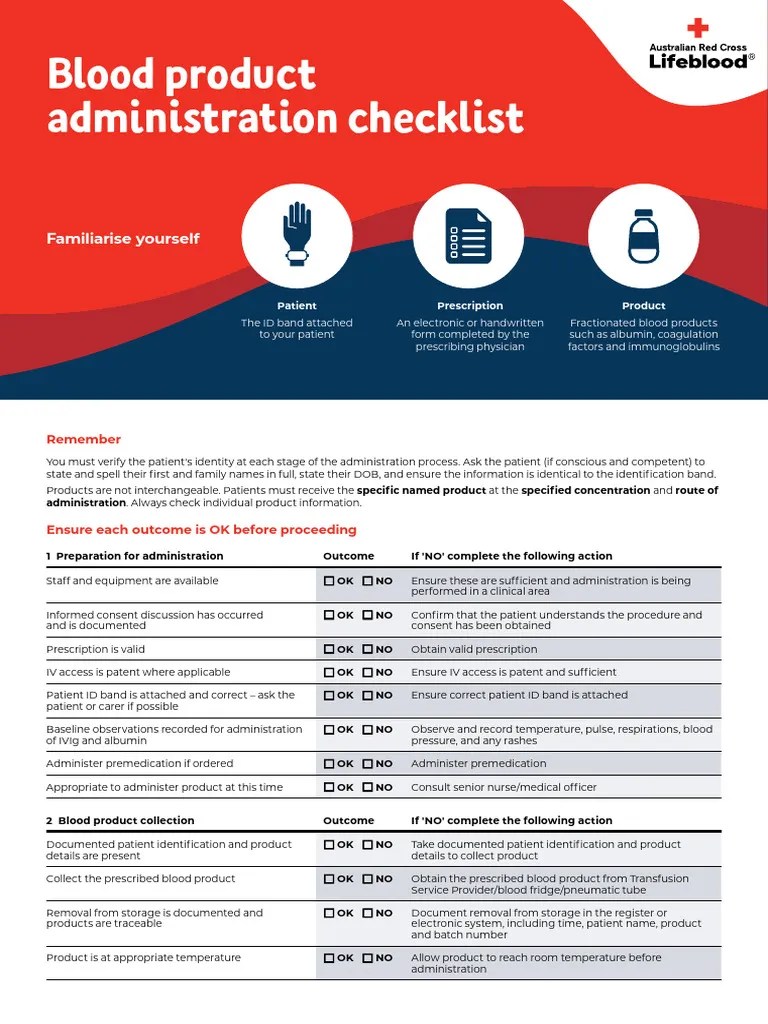 Blood Product Administration Checklist PDF Intravenous Therapy