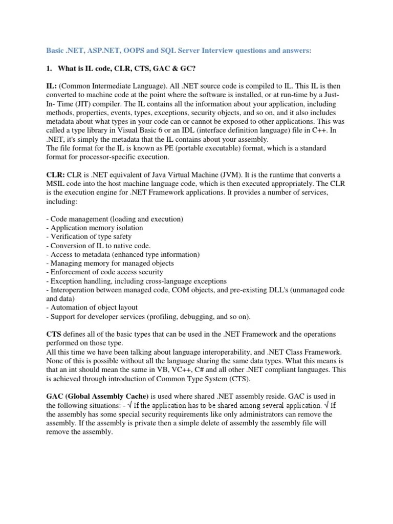 Basic OOPS and SQL Server Interview