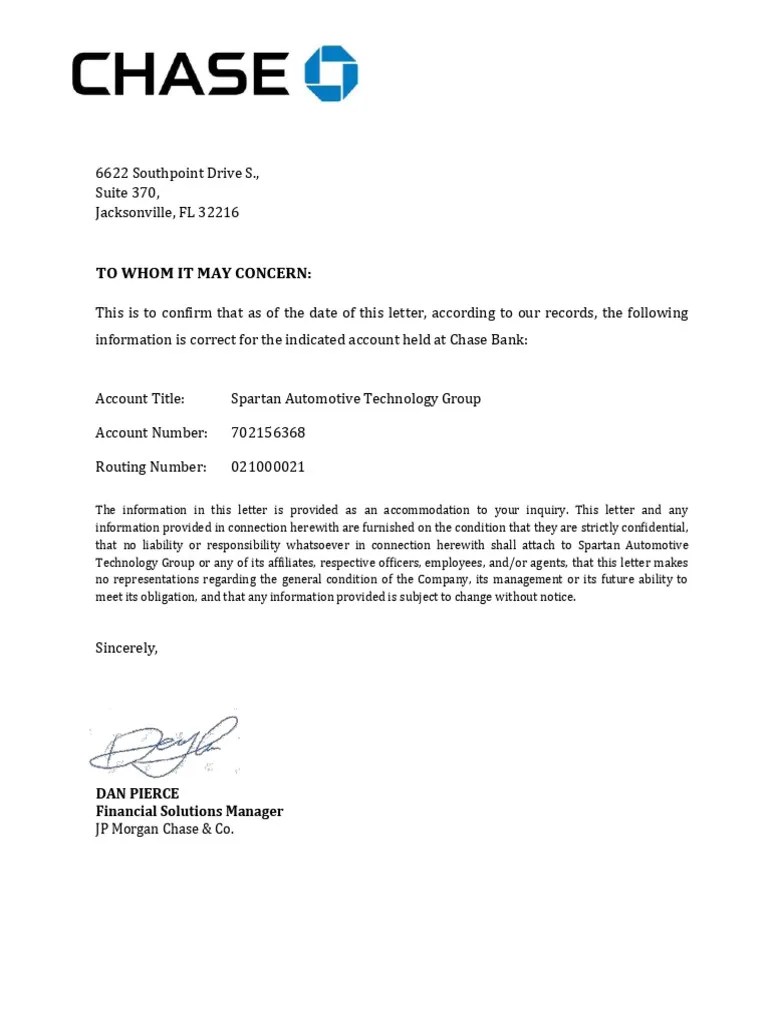 Chase Bank Confirmation Letter PDF
