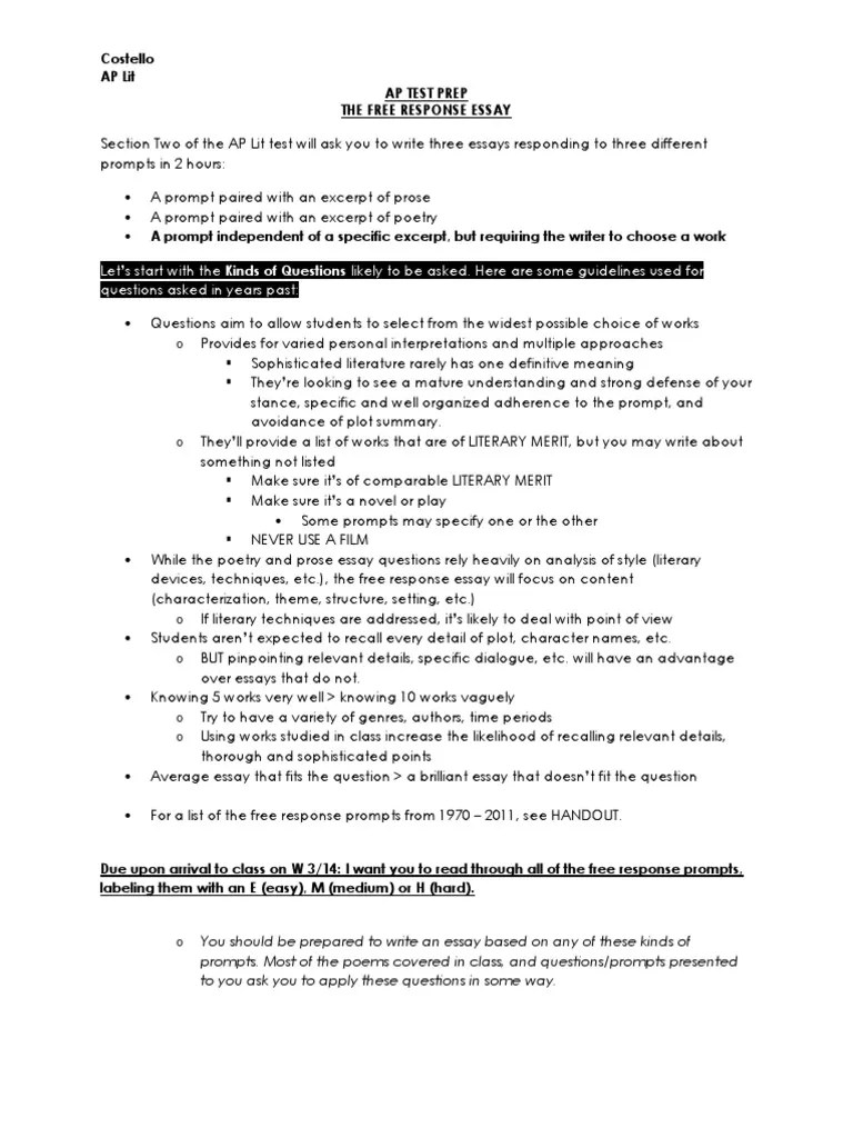 12 AP Lit FreeResponse Essay Prep Essays Writers