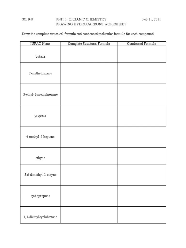 Naming Drawing Hydrocarbons Worksheet 1