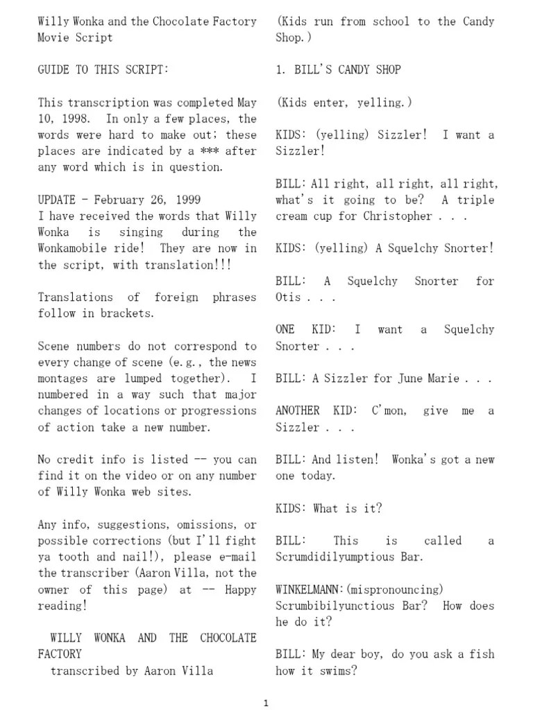 Willy Wonka Script Alimentos