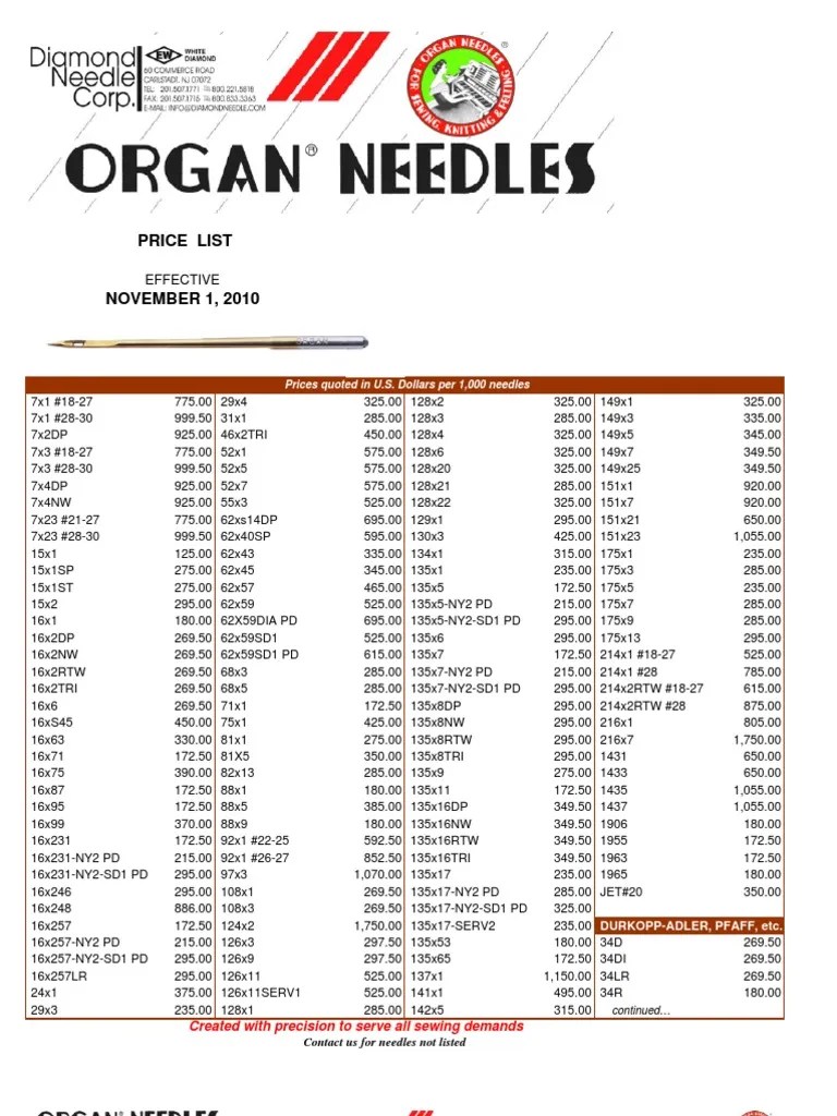 Organ Needle Price List Needlework Quilting
