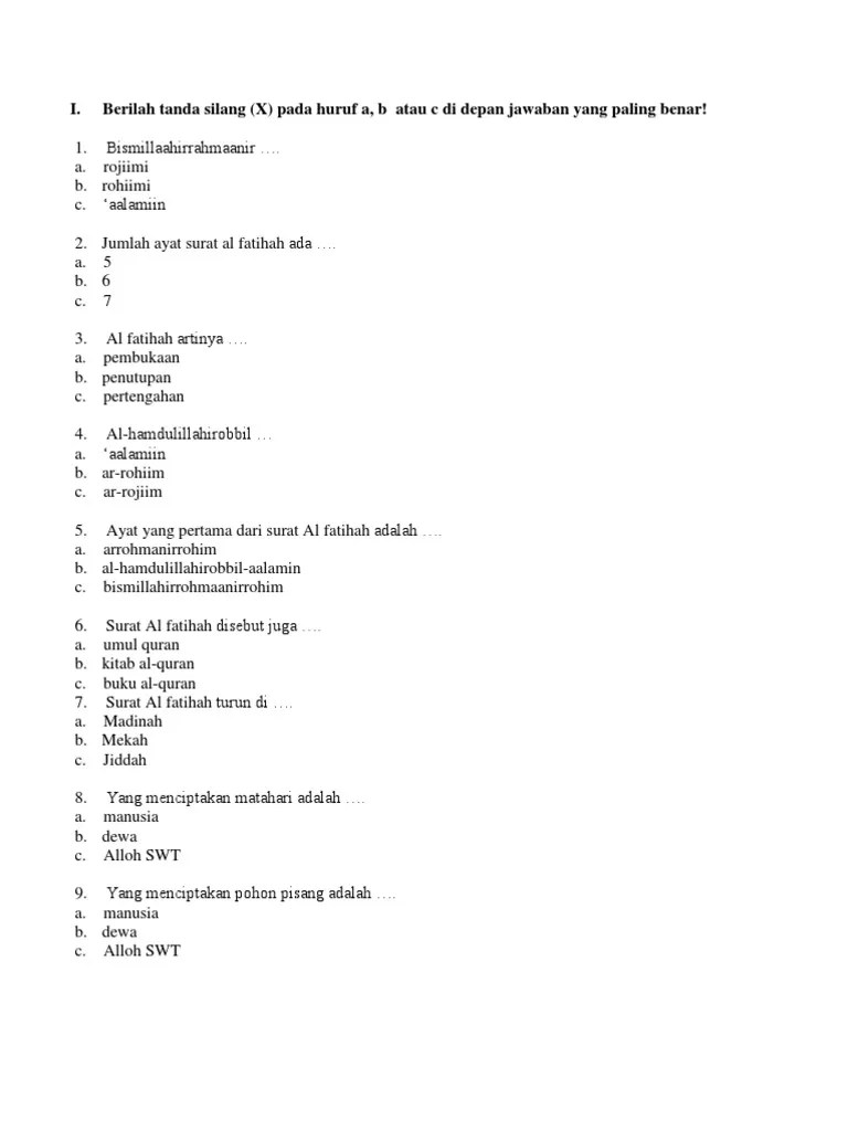 Contoh Soal Agama Islam Kelas 1 SD