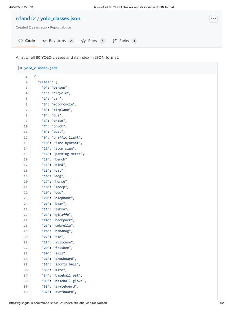Yolo 80 Classes List In Json Format Pdf