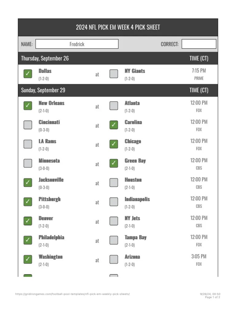 NFL Week 4 Pick Em Sheet 2024 PDF Los Angeles Rams San Diego Chargers