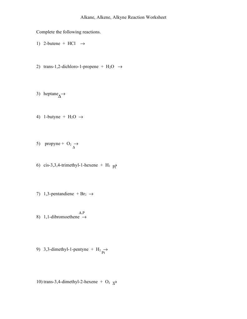 Alkane Alkene Alkyne Reaction Worksheet