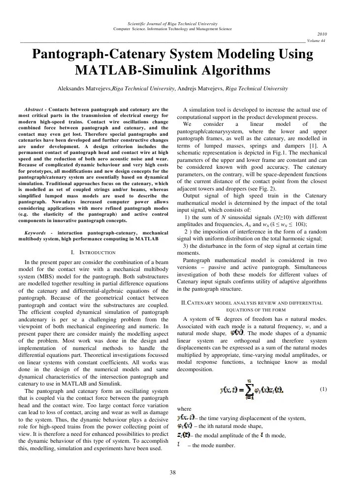 PantographCatenary System Modeling Using MATLABSimulink Algorithms