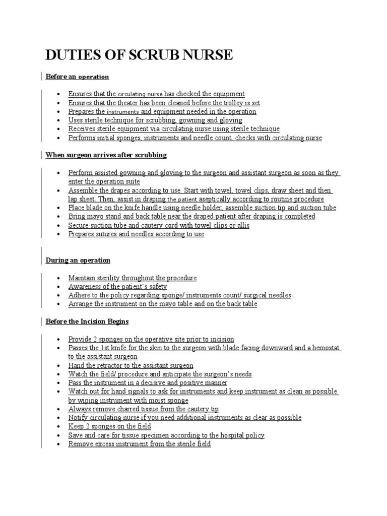 Duties of Scrub Nurse PDF Blood Pressure Pulse