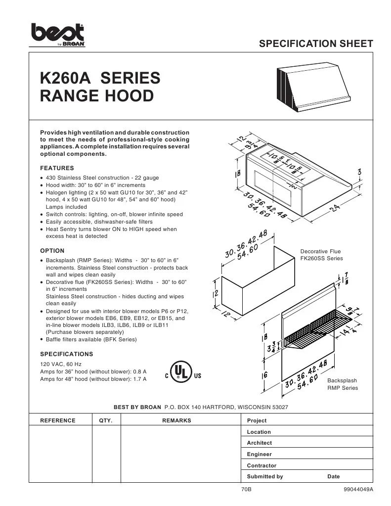 K260A Series Range Hood Specification Sheet PDF Mechanical Fan