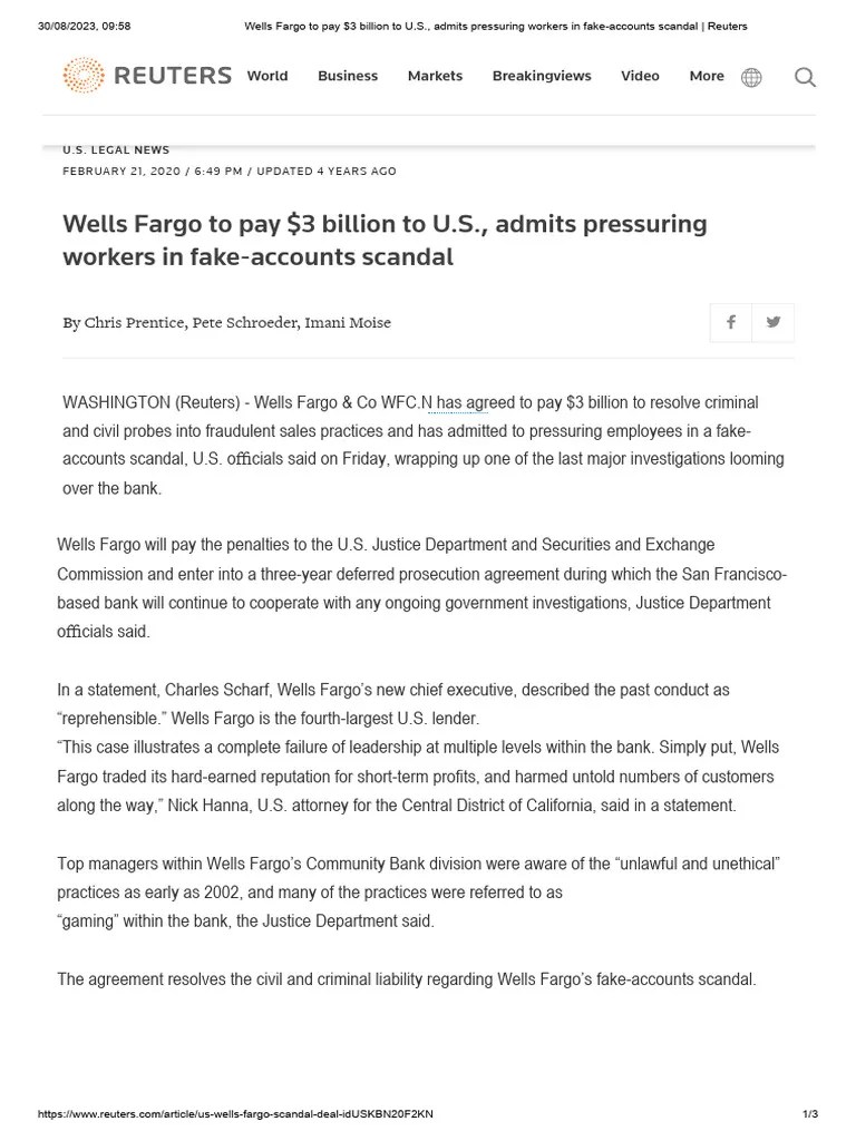 Wells Fargo Fake Account Scandal PDF Wells Fargo