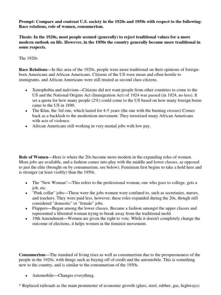 APUSH Free Response Gender Role The United States