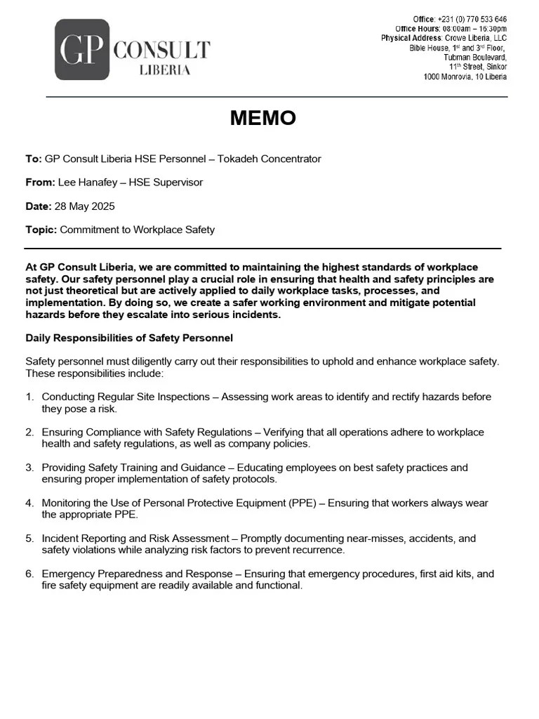 Workplace Safety Commitment Memo PDF Occupational Safety And Health
