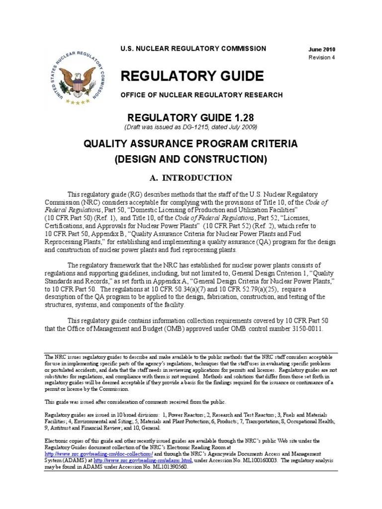 NRC Regulatory Guide 1.28 PDF Nuclear Regulatory Commission Quality Assurance