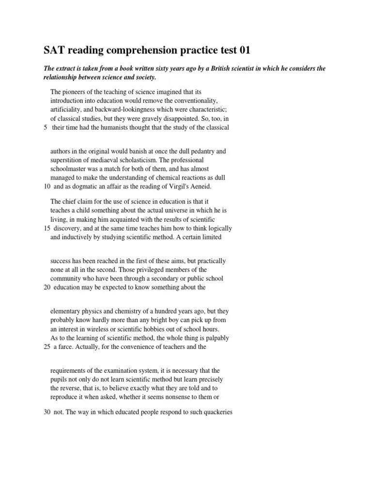 SAT Reading Comprehension Practice Test 01 Scientific Method Science