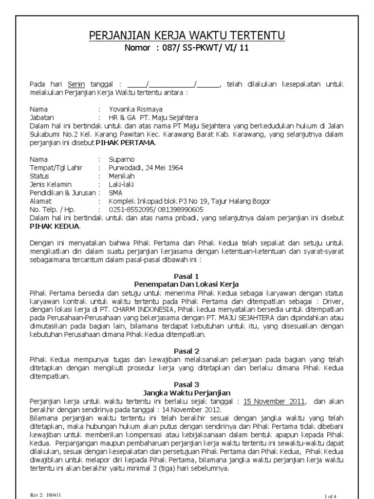 Contoh Surat Perjanjian Kerja Waktu Tidak Tertentu Contoh Seputar Surat