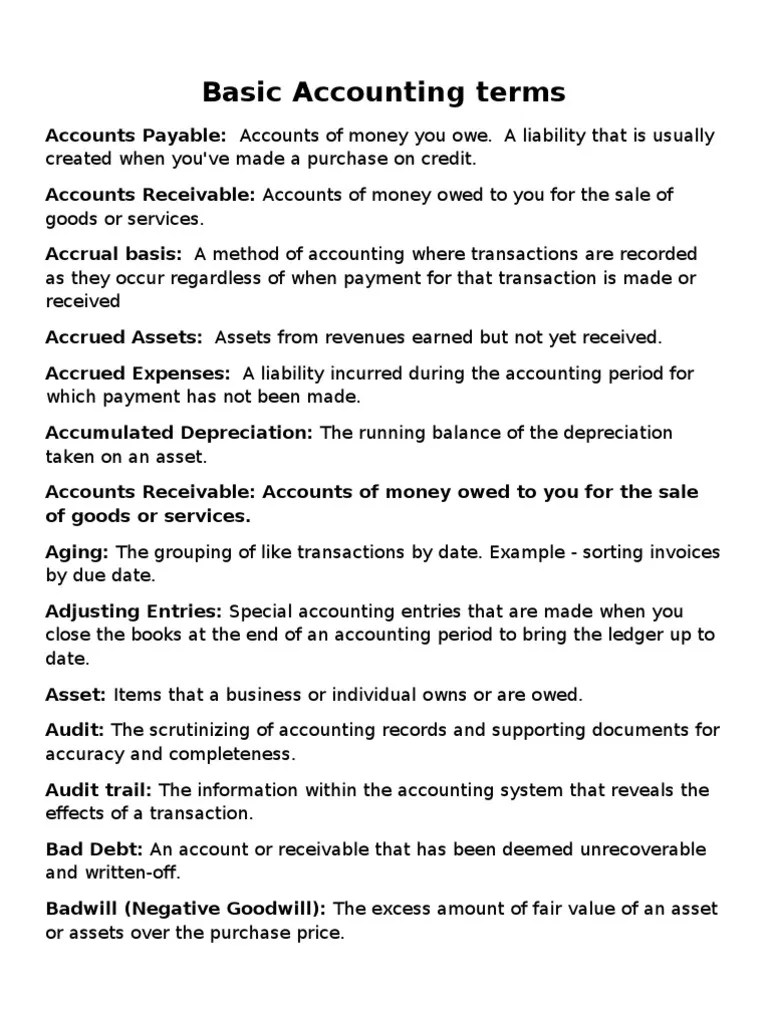 Accounting Terms Basic Definitions PDF Debits And Credits Expense