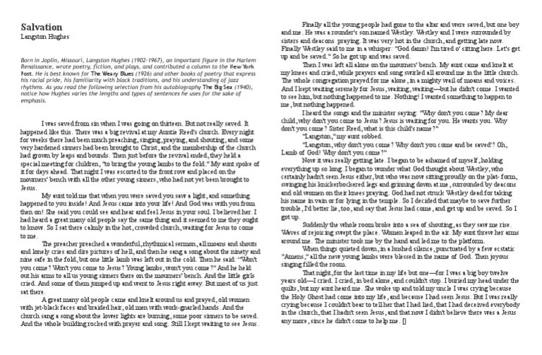 Salvation By Langston Hughes Summary — Salvation Purpose and Audience