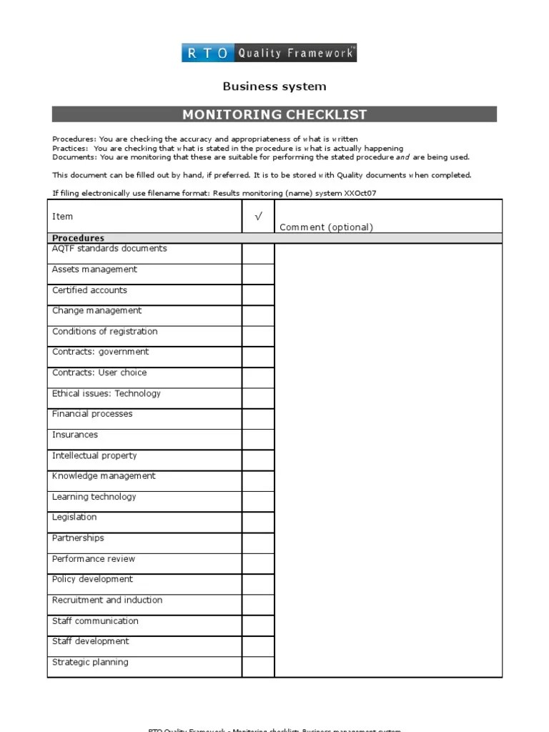 Monitoring Checklist Business System PDF Business