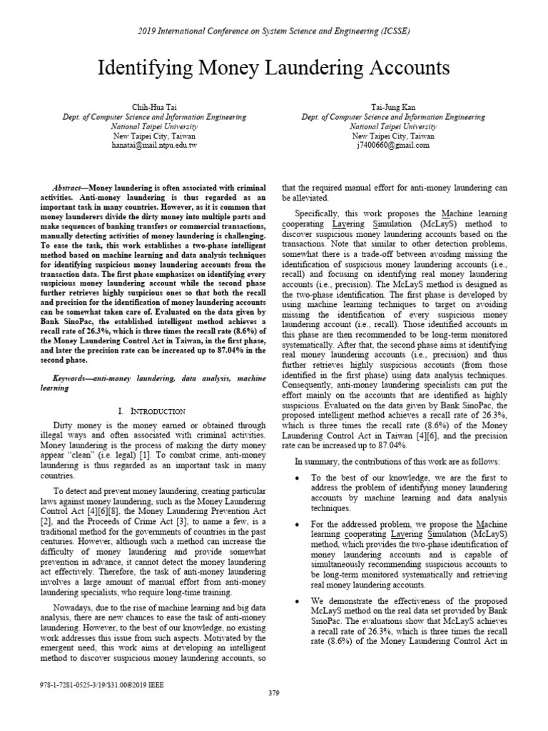 Machine Learning for Money Laundering Detection PDF Money