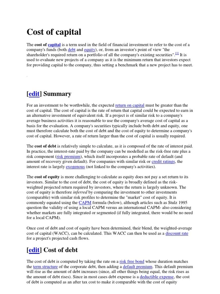Cost of Capital Cost Of Capital Corporations