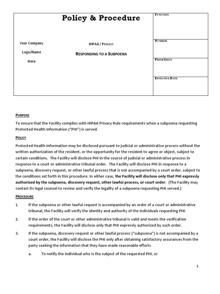 Sample Subpoena Policy HIPPAPHI Health Insurance Portability And