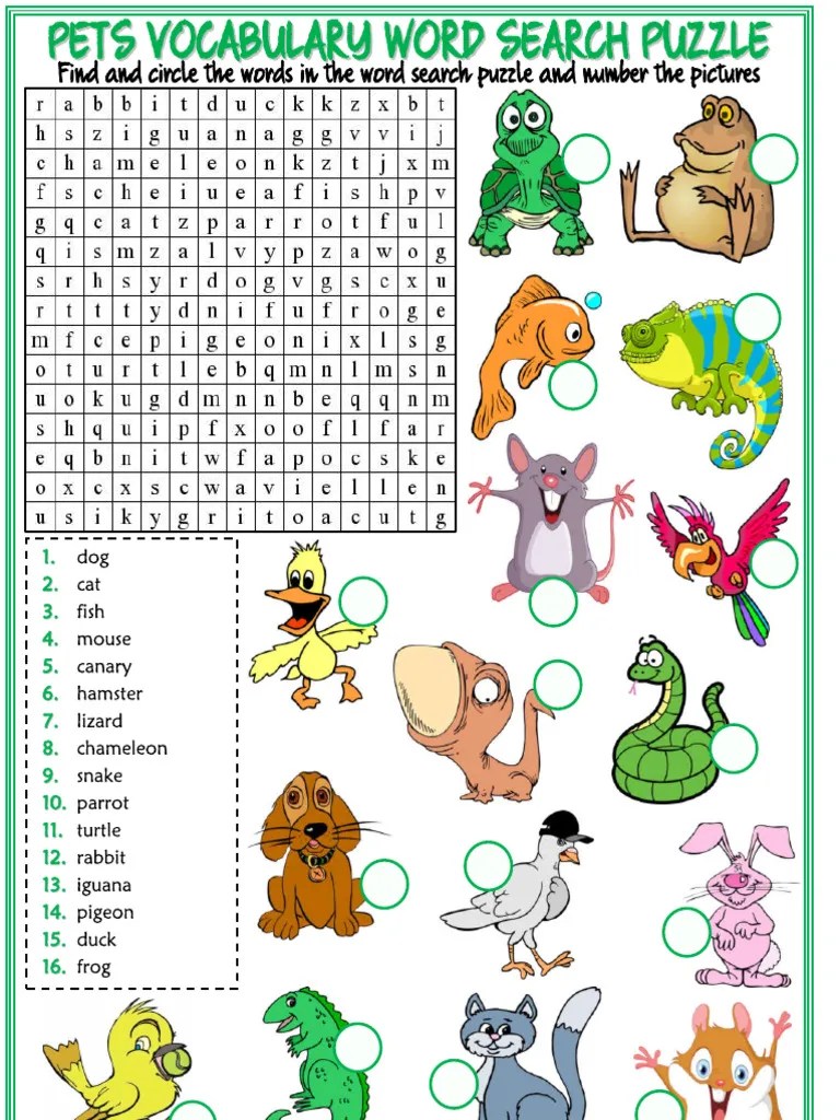 Pets ESL Printable Word Search Puzzle Worksheet For Kids PDF
