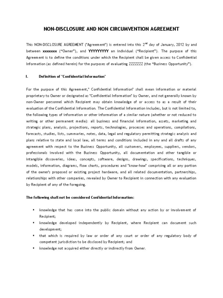 Non Disclosure Non Circumvention Agreement Template