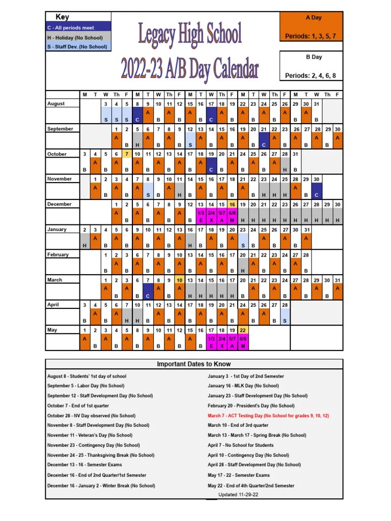 2223 AB Calendar and Bell Schedule Legacy A B Calendar 112922