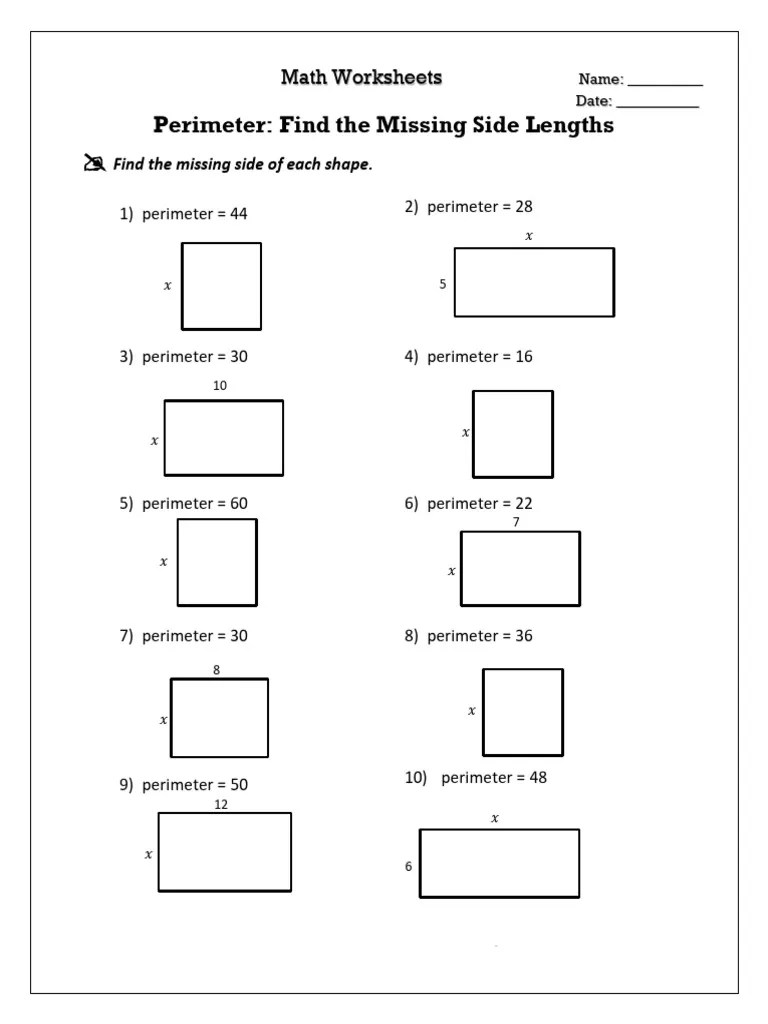 Find Missing Side Lengths Worksheet PDF