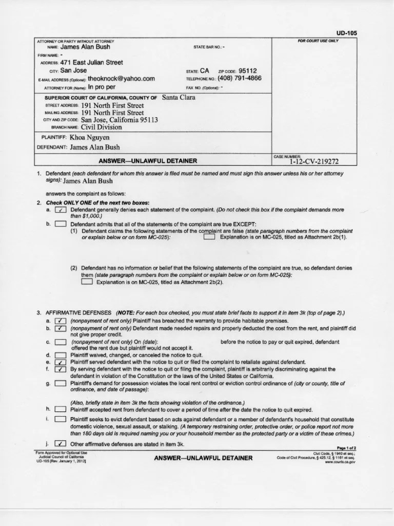 Answer To Complaint For Unlawful Detainer PDF