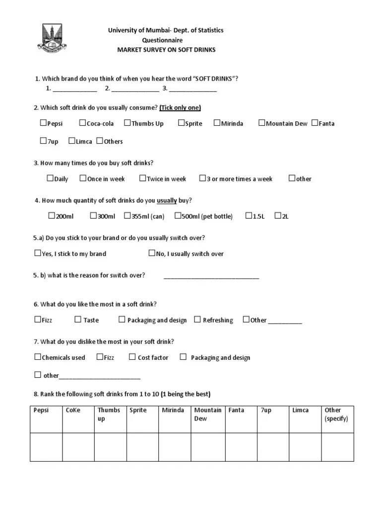 Questionnaire Soft Drink Pepsi