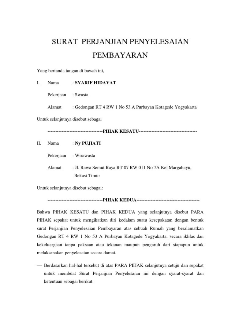 Surat Perjanjian Penyelesaian Pembayaran | Pdf