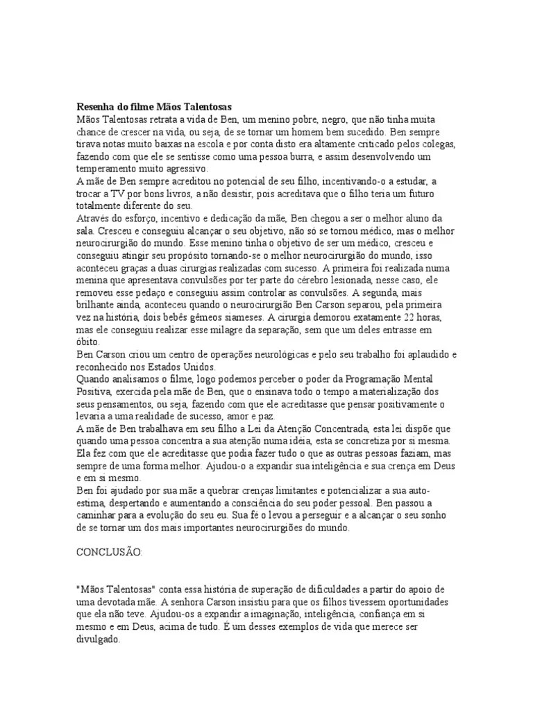 Resenha Do Filme Mãos Talentosas PDF Ben Carson Science