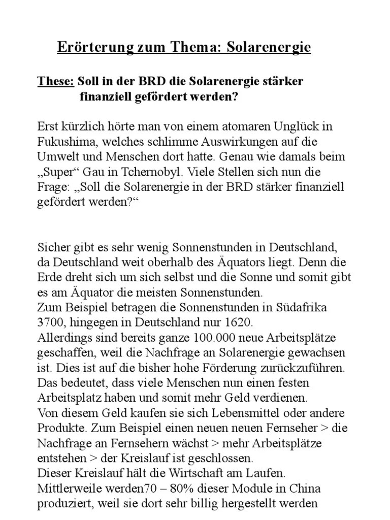 Erörterung zum Thema Solarenergie
