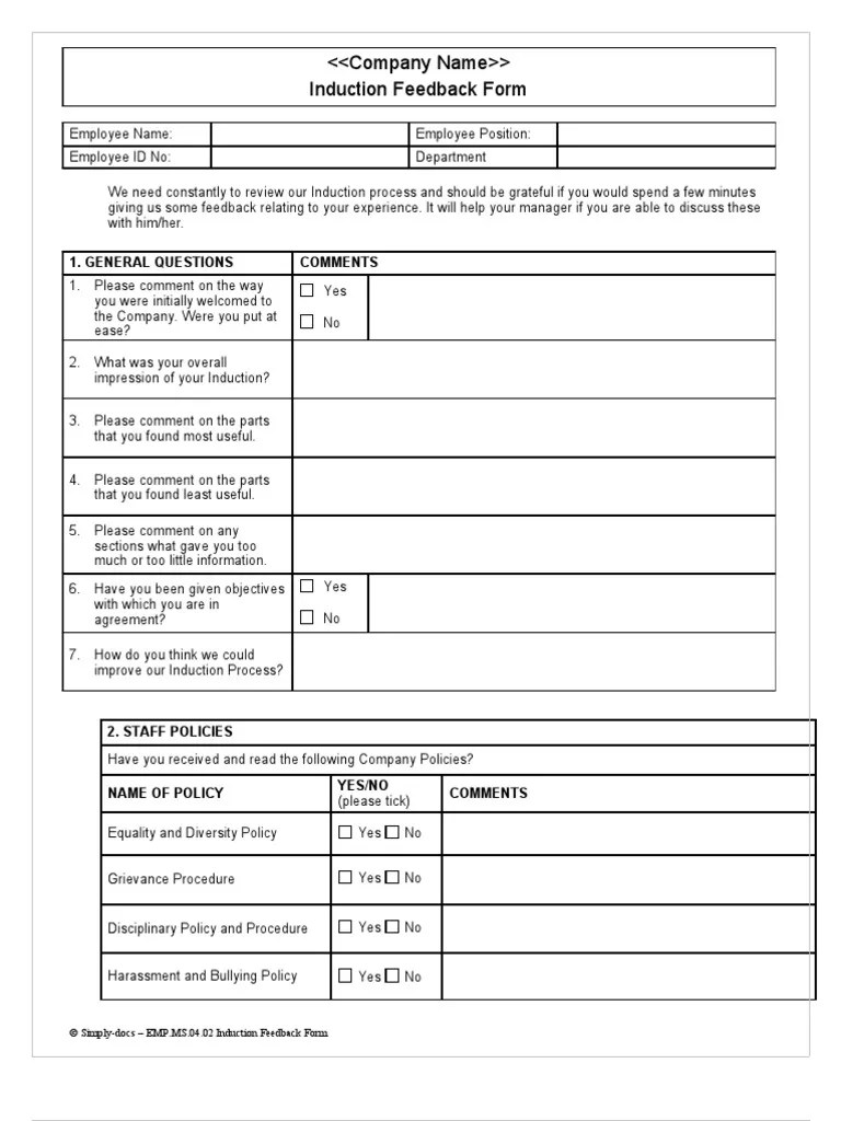 Induction Feedback Form