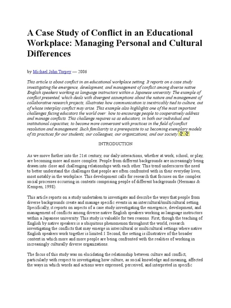 A Case Study of Conflict in an Educational Workplace Conflict