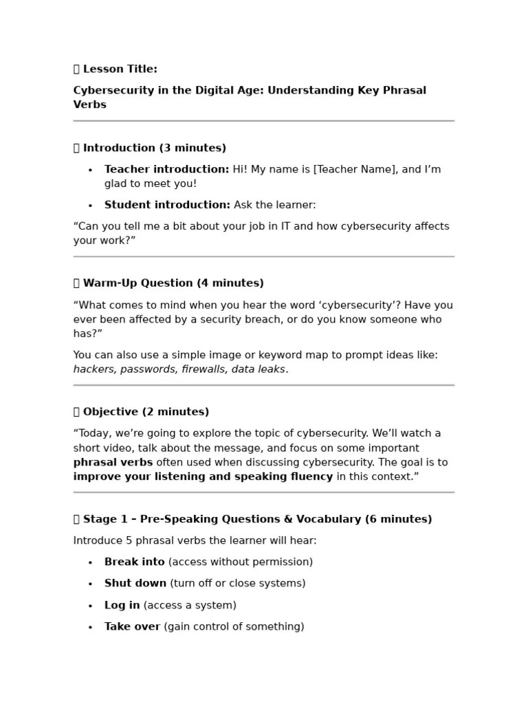 Cybersecurity Lesson Plan Overview PDF Computer Security Security
