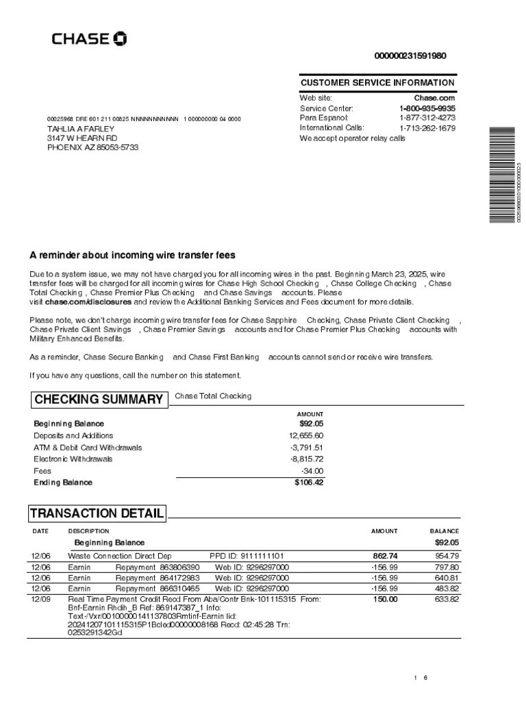 Chase Bank Wire Transfer Fees Notice PDF Overdraft Chase Bank