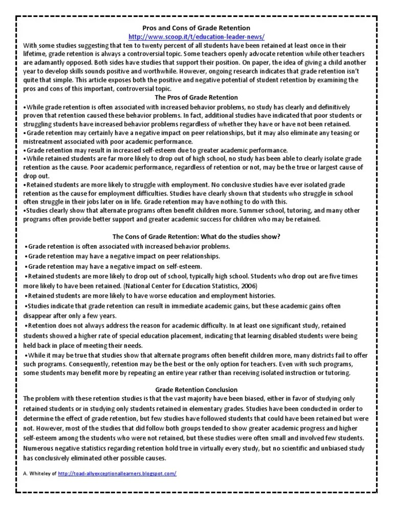 Pros and Cons of Grade Retention Employee Retention Self Esteem