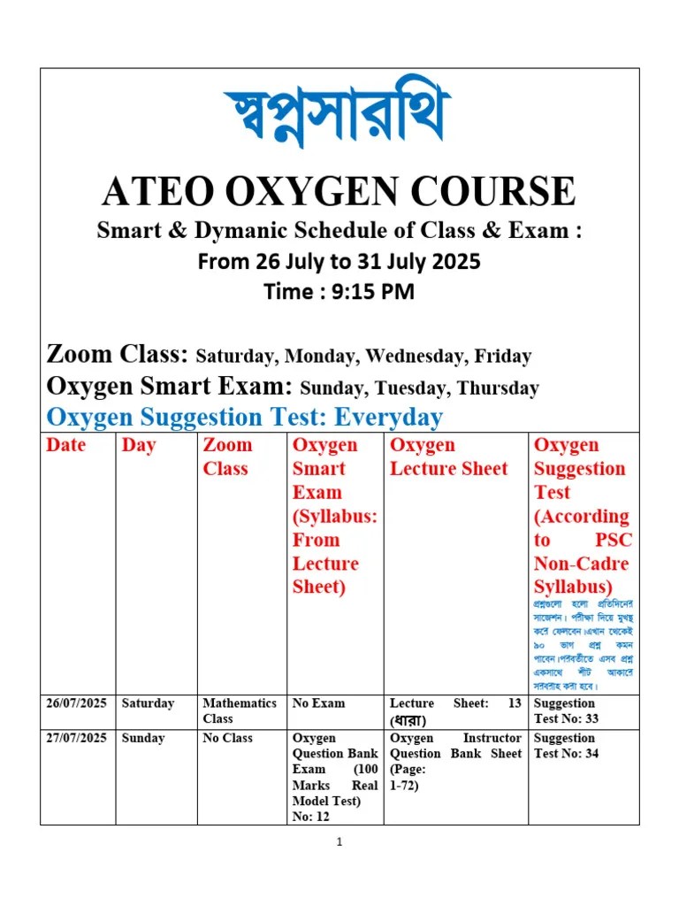 ATEO Oxygen Course Class & Exam Schedule (26 July31 July) PDF