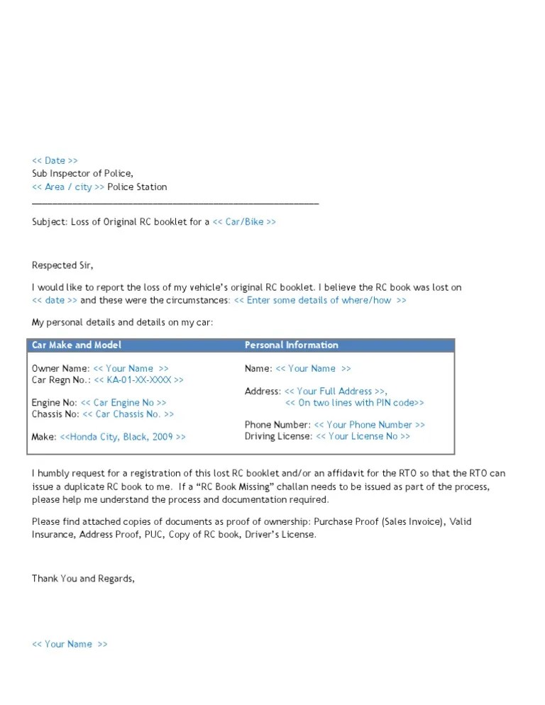 Lost Duplicate RC Book Police FIR Blank Template Format for TeamBHP