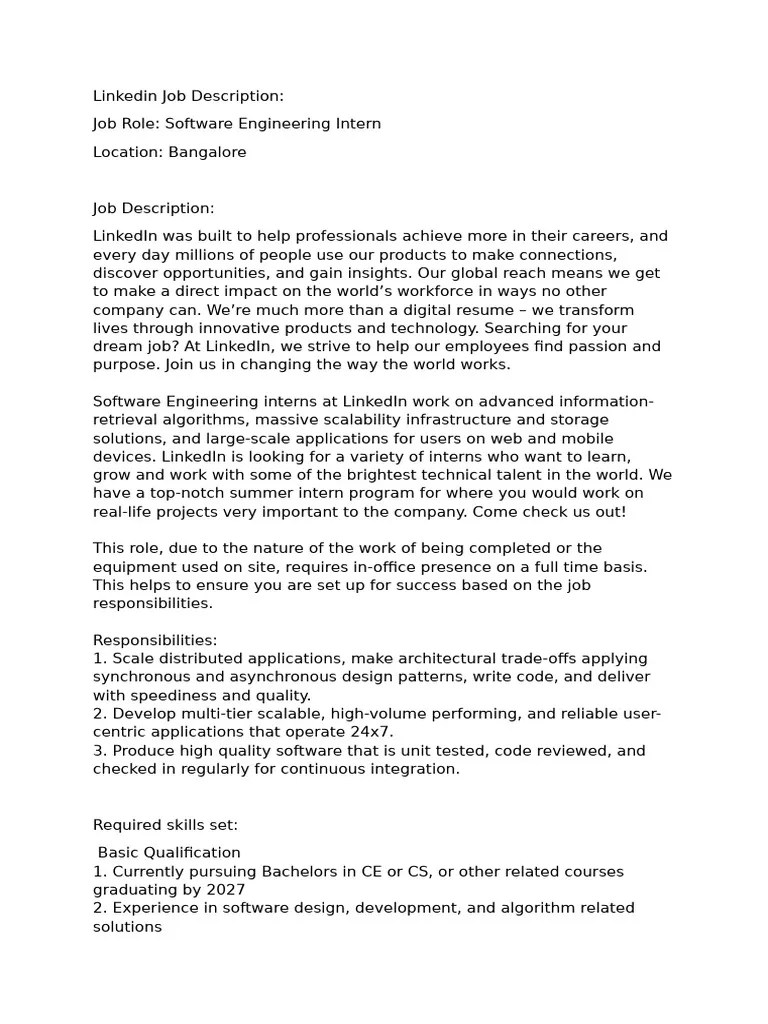 Linkedin Software Engineering Intern Role Pdf