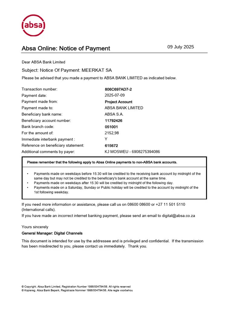 Absa Proof of Payment. PDF