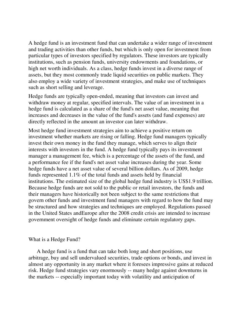 Project On Hedge Fund PDF Hedge Fund Hedge (Finance)