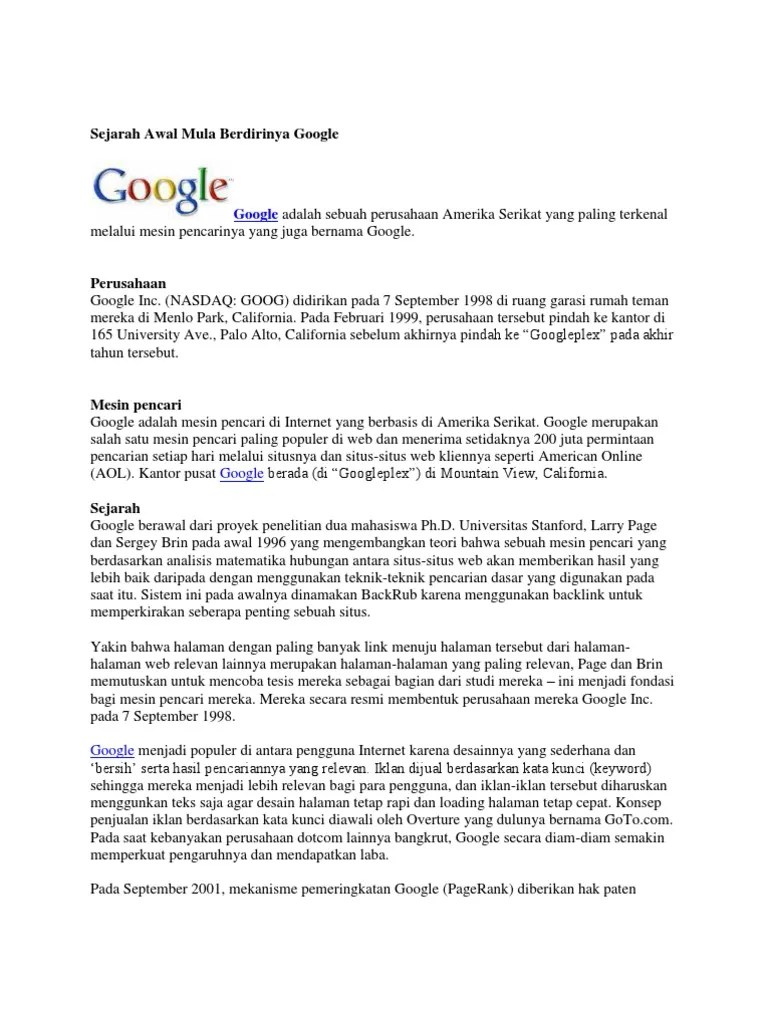 Sejarah Awal Mula Berdirinya Google | PDF