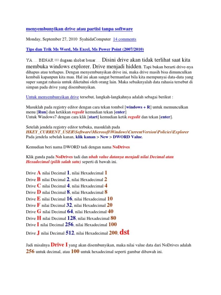 Menyembunyikan Drive Atau Partisi Tanpa Software | PDF
