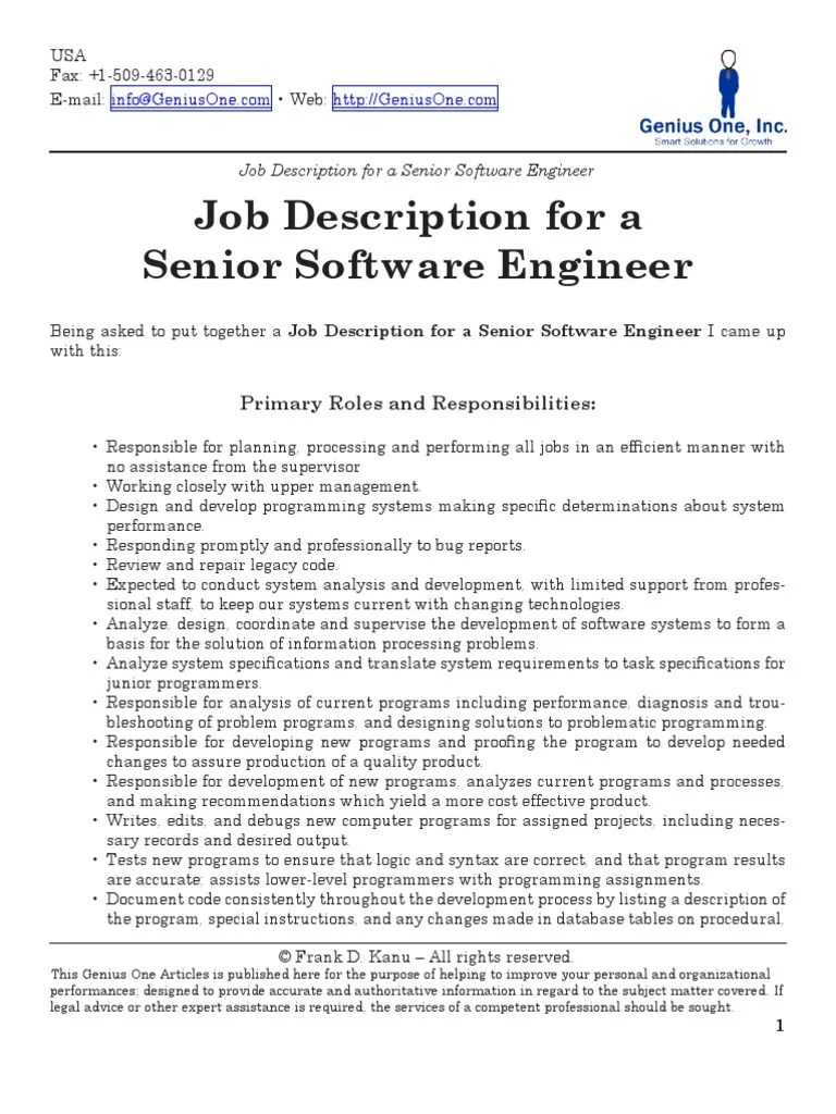 Job Description Senior Software Engineer Programmer Computer Programming