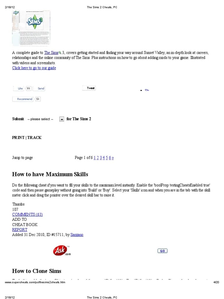 The Sims 2 Cheats, PC PDF Cheating In Video Games Shadow