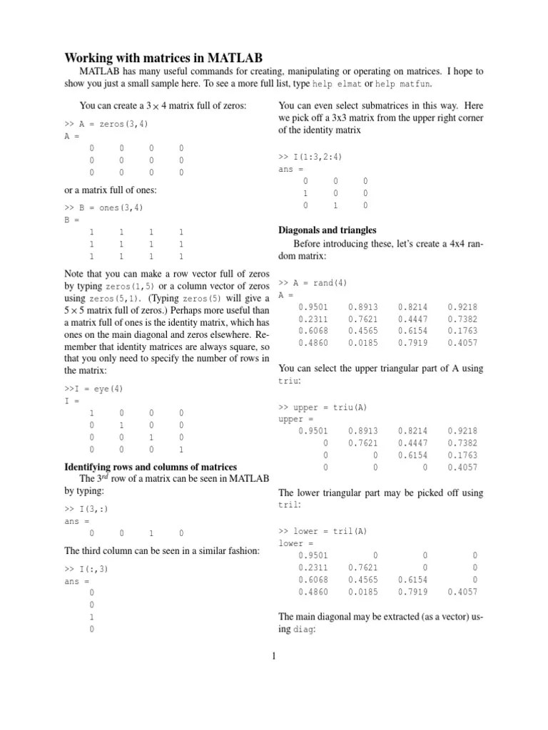 Working With Matrices in MATLAB Diagonals and Triangles PDF Matrix